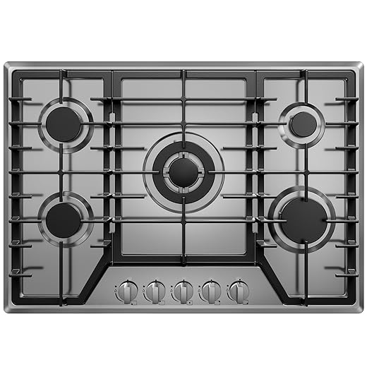 30 inch Gas Cooktop with 5 Sealed Burners, Stainless Steel Drop-in Stove Top, Dishwasher Safe Cast Iron Grates, NG/LPG Convertible, 38K BTU