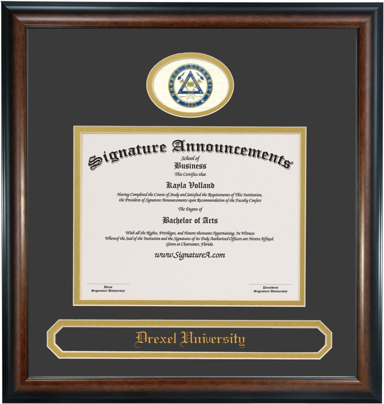 Signature Announcements Drexel-University-School-of-Law Undergraduate, Sculpted Foil Seal & Name Graduation Diploma Frame, 20" x 20", Matte Mahogany