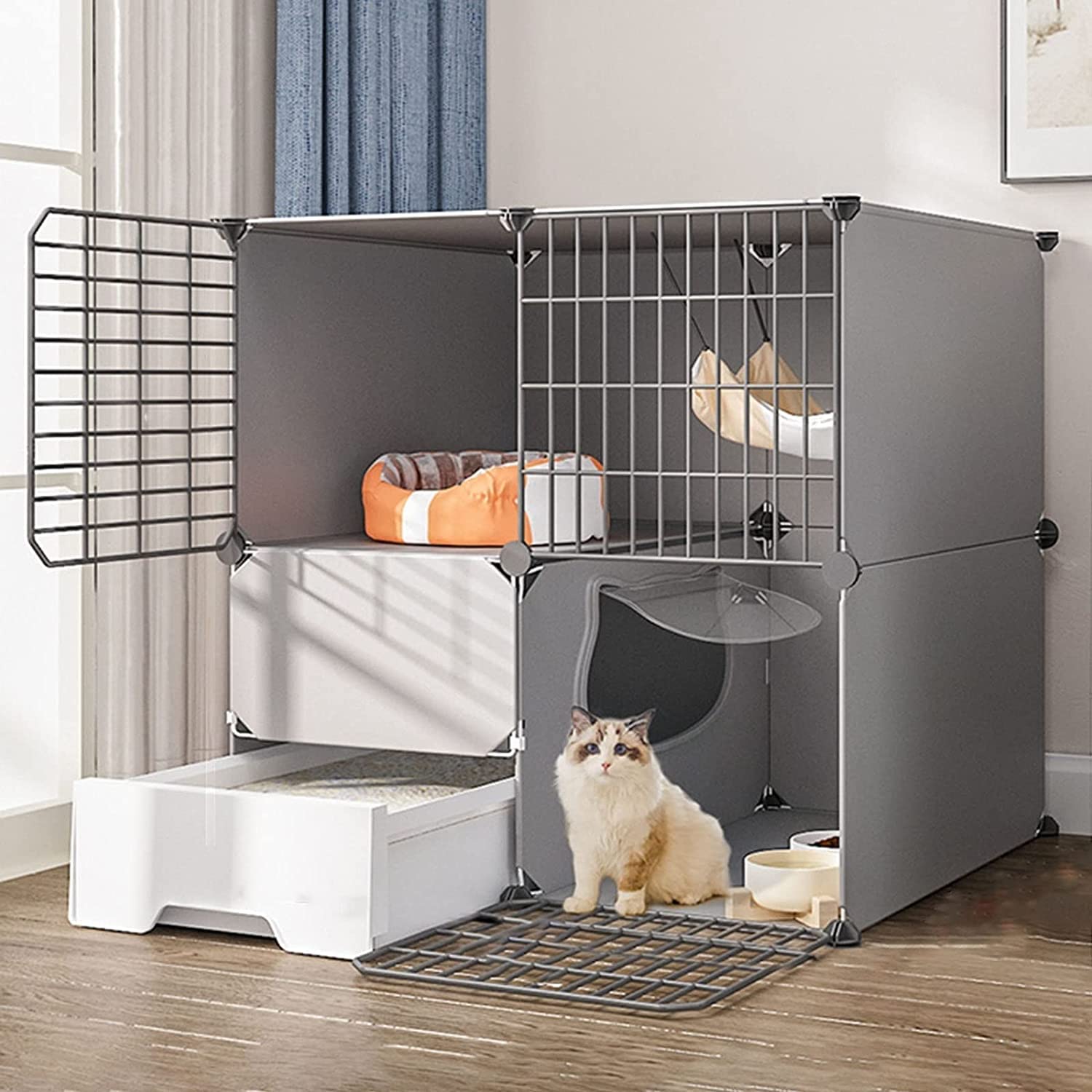 Jaula para Gatos, Jaula para Chinchilla, Parque para Gatitos, Jaula para Hurones, Parque Grande para Mascotas de 3 Niveles con Puerta y Caja de Arena Cerrada para Gatitos, Conejos, chinchill