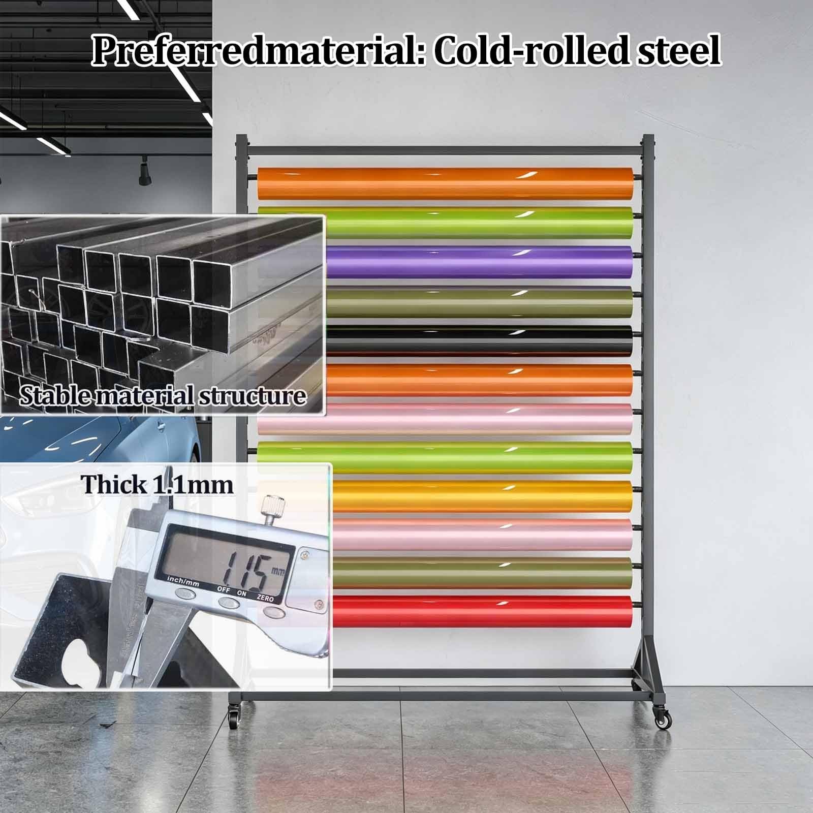 Expositor vinilo rotulación coches, soporte para rollos vinilo con ruedas | Espaciado ajustable, organizador vertical para vinilo, para papel pintado, rollos de tela y manteles, negro(6-tier)