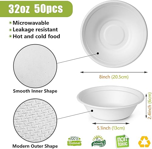 Miniatura 2 de Green Swan Cuencos de papel desechables, 32 onzas [paquete de 50] Tazón grande - 100% compostable, biodegradable, respetuoso con el medio ambiente,
