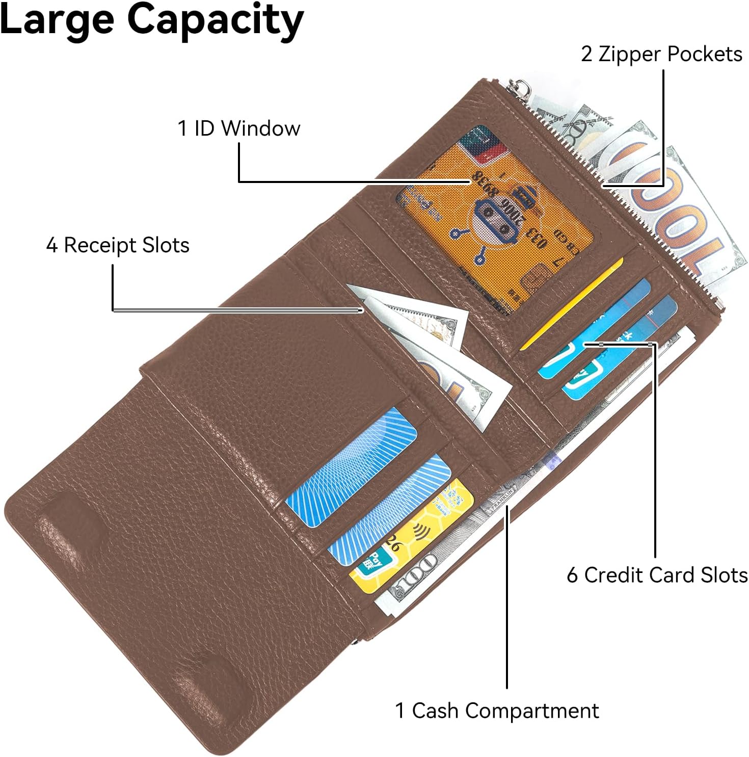 Bifold Wallet for Women Genuine Leather, [Large Capacity] [Magnetic Closure] Female Ladies Wallet Card Holder with ID Window, Zipper Coin Pockets (Khaki) - Image 3