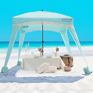 OutdoorMaster Beach Cabana with Fringes, Portable 6' x 6' Beach Canopy for Sand, Easy Set Up Beach Shelter, Included Side Wall, UPF 50+ UV Protection Sun Umbrella - for Family & Friends