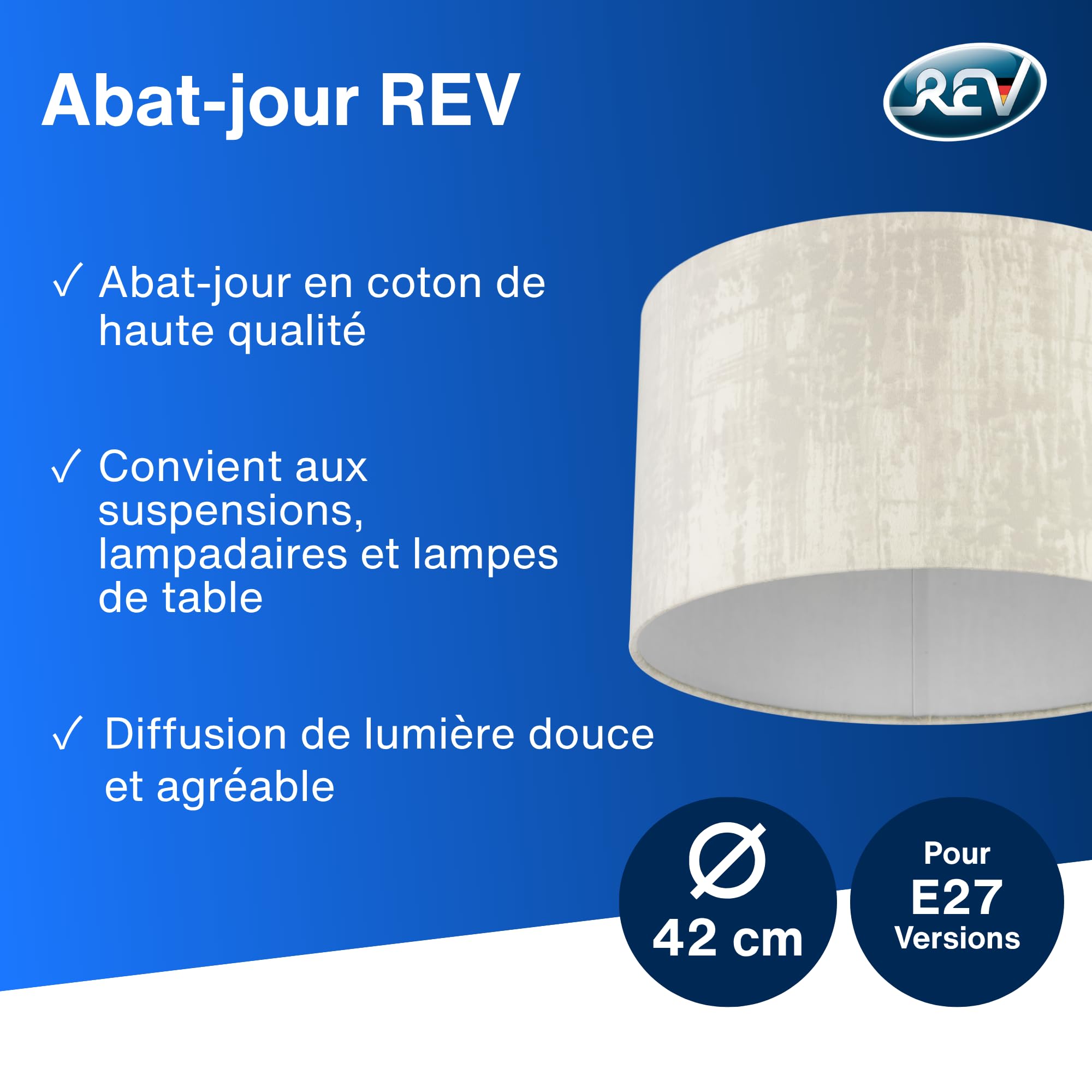 REV Abat-jour rond vintage en coton de haute qualité, diamètre 42 cm, abat-jour de rechange pour suspension et lampadaire, culot E27, blanc arctique