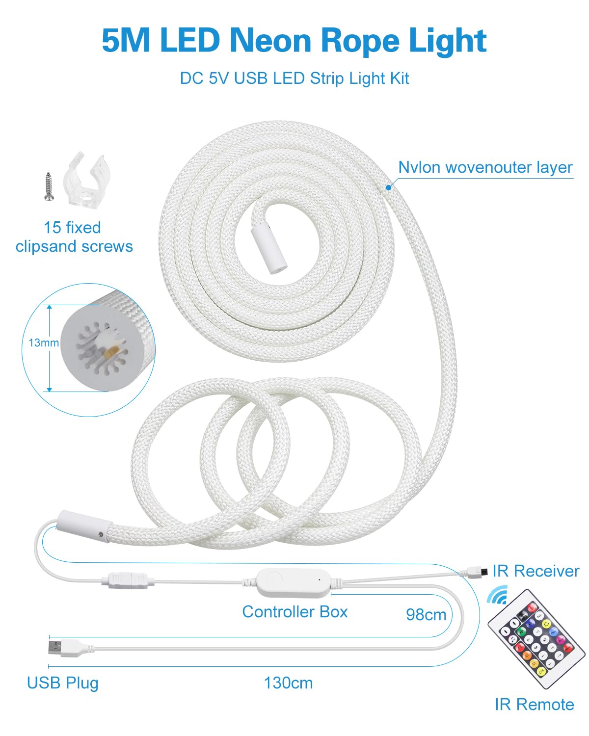 ALITOVE WS2811 RGB IC Neon LED Streife 5M 360° Leuchtende Runde Retikulierte USB Neon Light IP67 APP Steuerbar Musik Sync IR Dimmer für Schlafzimmer Zuhause DIY-Beleuchtung