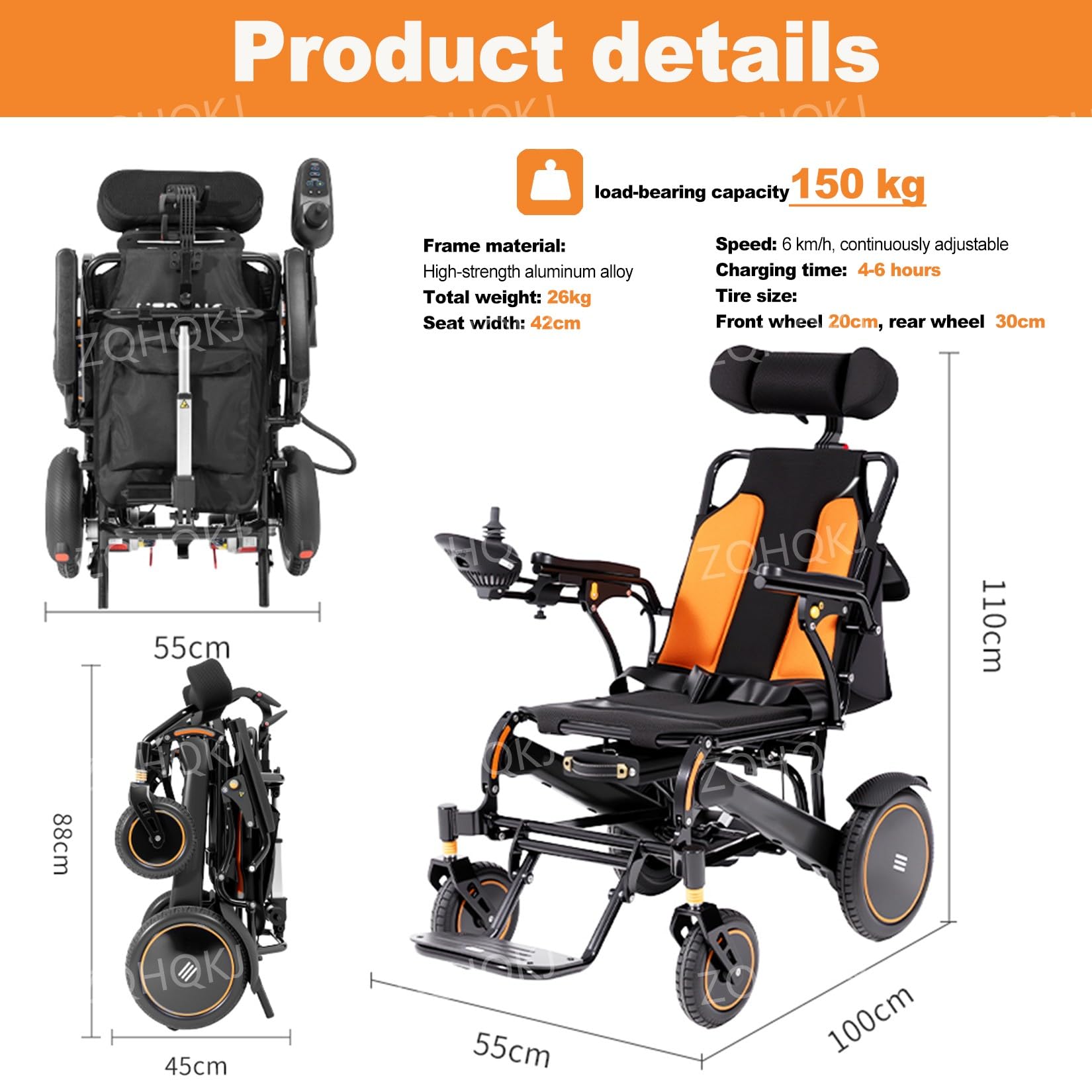 Silla de ruedas eléctrica plegable ligera hasta 150 kg, silla de ruedas eléctrica con respaldo ajustable hasta 160°, motor de 700 W y alcance de 20-30 KM, incluye mando a distancia para adultos
