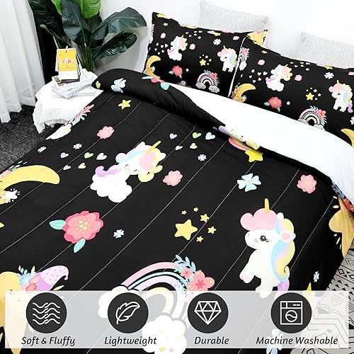 Miniatura 4 de ZHH E-COMMERCE Juego de edredón de unicornio para niños, juego de ropa de cama de 3 piezas con decoración de dibujos animados para niñas, edredón