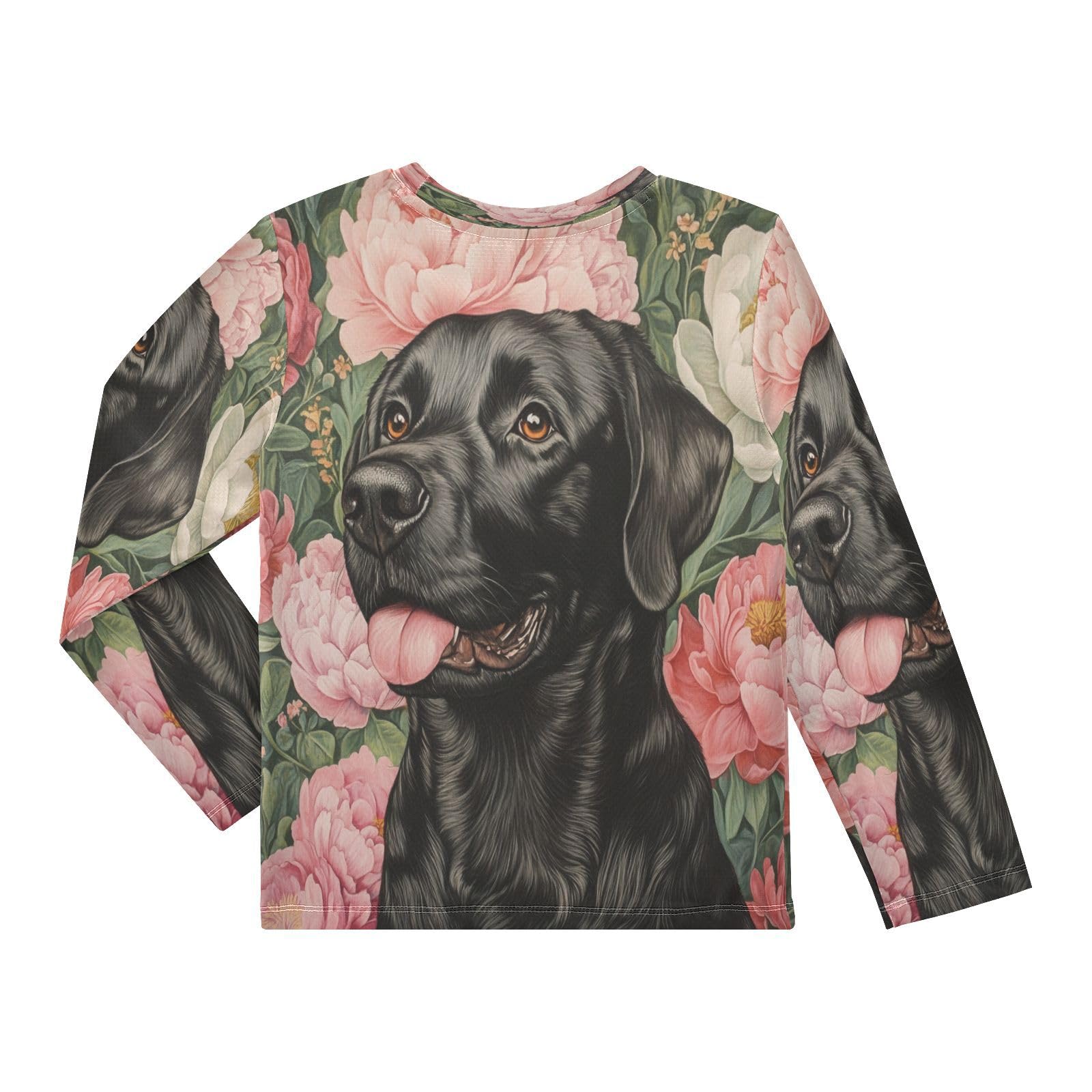 DOMIKING Black Labrador Peony Boys Long Sleeve Rashguard Shirt Kids Quick Dry Swim Shirt for Toddler Kid 11-12T