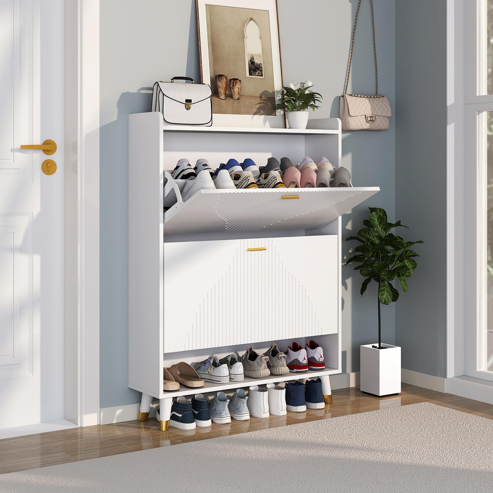 Shoe Storage Cabinet with 2 Flip Drawers, Slim Wooden Freestanding ShoeCabinet with Cubby and Shelf, Hidden Narrow ShoesRack Organizer for Entryway Hallway, Holds 24 Pairs, White