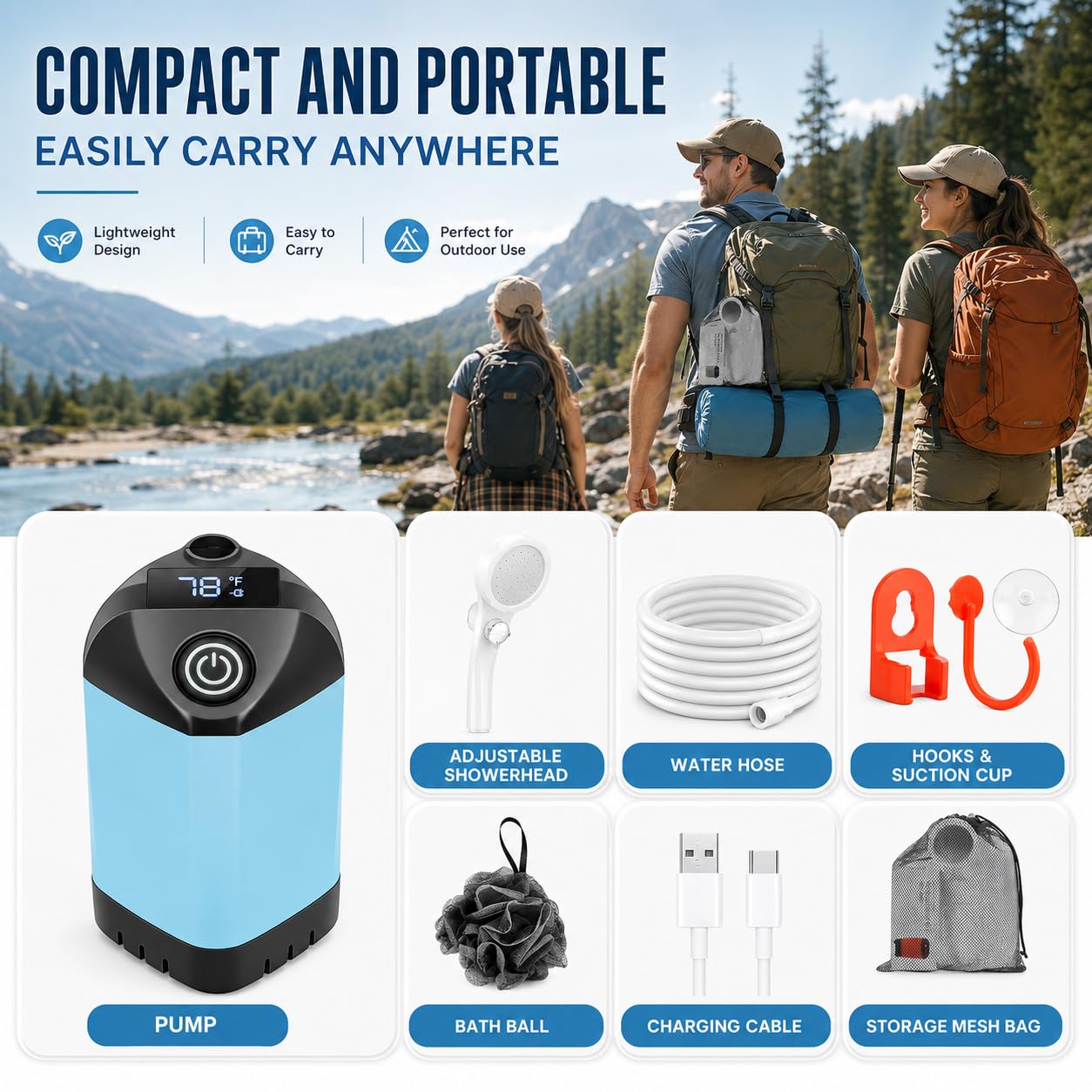 B013 Bomba de ducha portátil para camping, 7800 mAh, ducha de larga duración y silenciosa para exteriores con pantalla LED, IPX8 impermeable para baño de mascotas, lavado de autos y RV | IPX8 impermeable, baño para mascotas y lavado de coche, compatible c