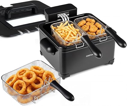 COSTWAY Deep Fryer w/Touch Screen, 5.3-Qt/5L Electric Fryer, 1700W, Black | Countertop Deep Fryer with Basket, Stainless Steel, 6 Presets, Enamel Oil Tank, Viewing Window, Anti-Grease Filter & Timer