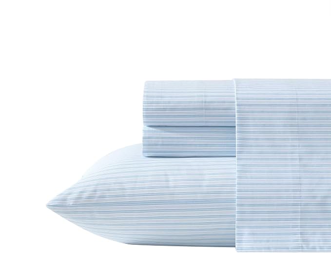 Laura Ashley – Queen Size Sheet Set, Crisp & Lightweight Cotton Percale Bedding with Fitted Sheet and Pillowcases, Striped Room Decor, Deep Pocket, College Dorm Room Essentials (Bedford Skinny Green)