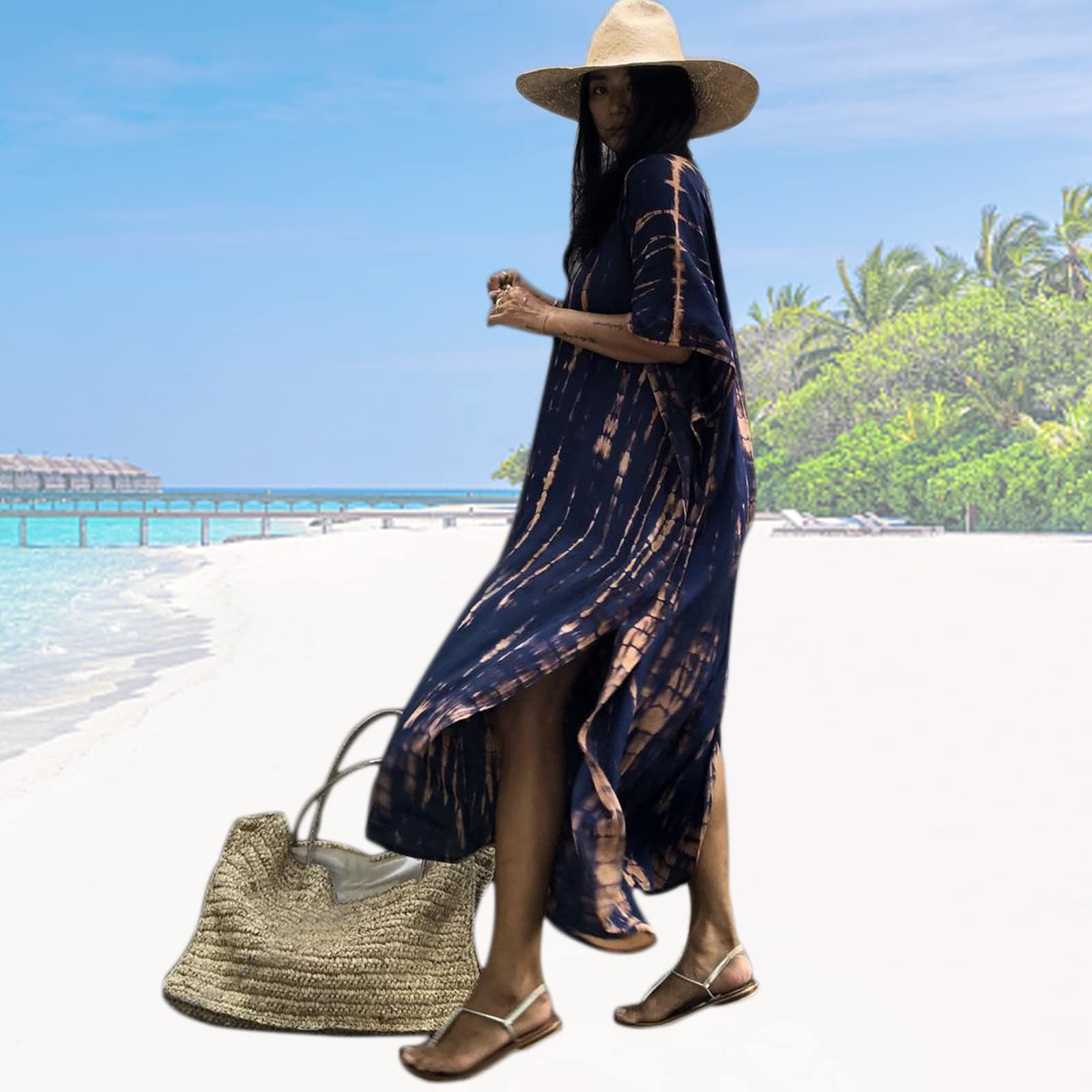 Damska sukienka kaftanowa luźna tunika z krótkim rękawem kimono strój kąpielowy plażowy