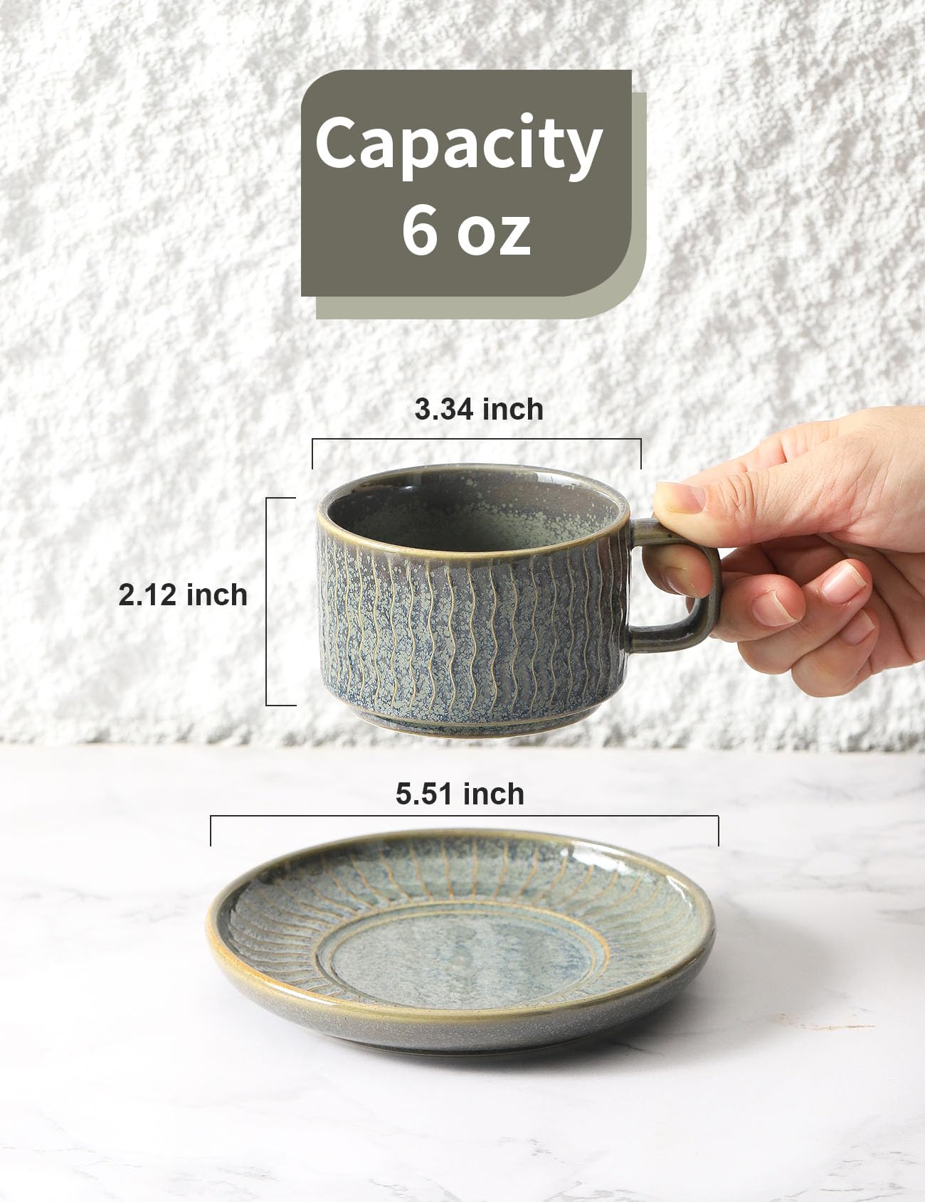 Keramik-Cappuccino-Tassen und Untertassen, 4er-Set, Kaffeetassen für Zuhause und Büro, Espressotassen für Kaffee, Cappuccino, Latte, Grün