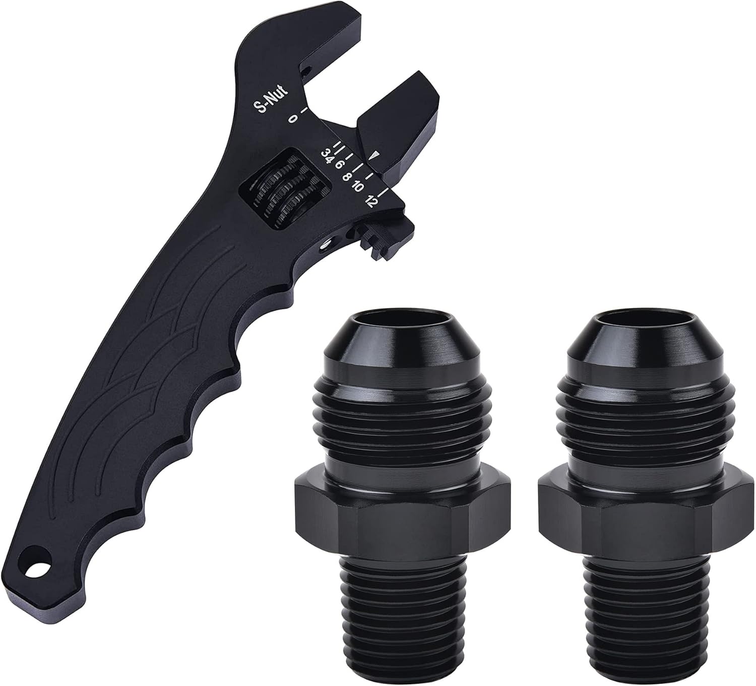EVIL ENERGY 8AN Male to 1/4" NPT Pipe Fitting Straight 2PCS Bundle with Adjustable 3AN-12AN Wrench Aluminum Black