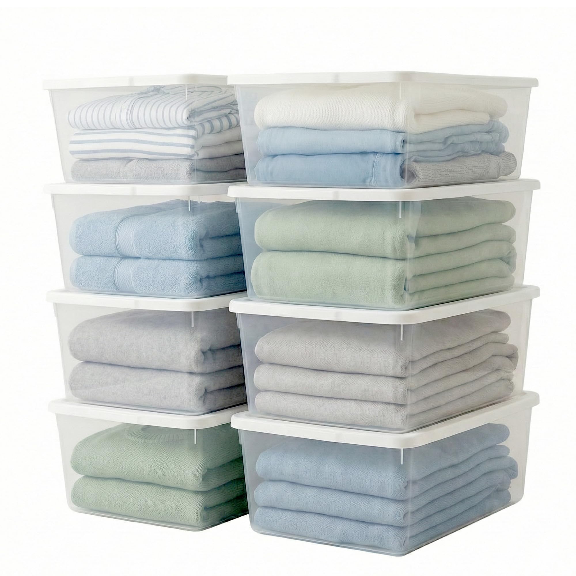 HOMZ 8-Pack Snaplock, Small Clear Plastic Storage Organizer Bins w/ Lids, 12 Quart, White - Stackable Container Boxes for Bedroom, Bathroom, Garage, and Office Organization