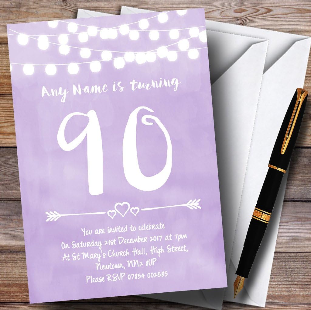 Purple Lilac Lights 90th Personalized Birthday Party Invitations