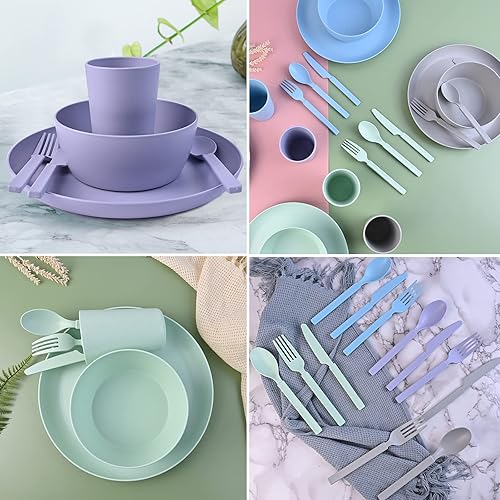 Miniatura 4 de Juego de vajilla de paja de trigo, 24 cuencos ligeros irrompibles, aptos para lavavajillas, microondas, tazas de paja de trigo, cubiertos y tazones