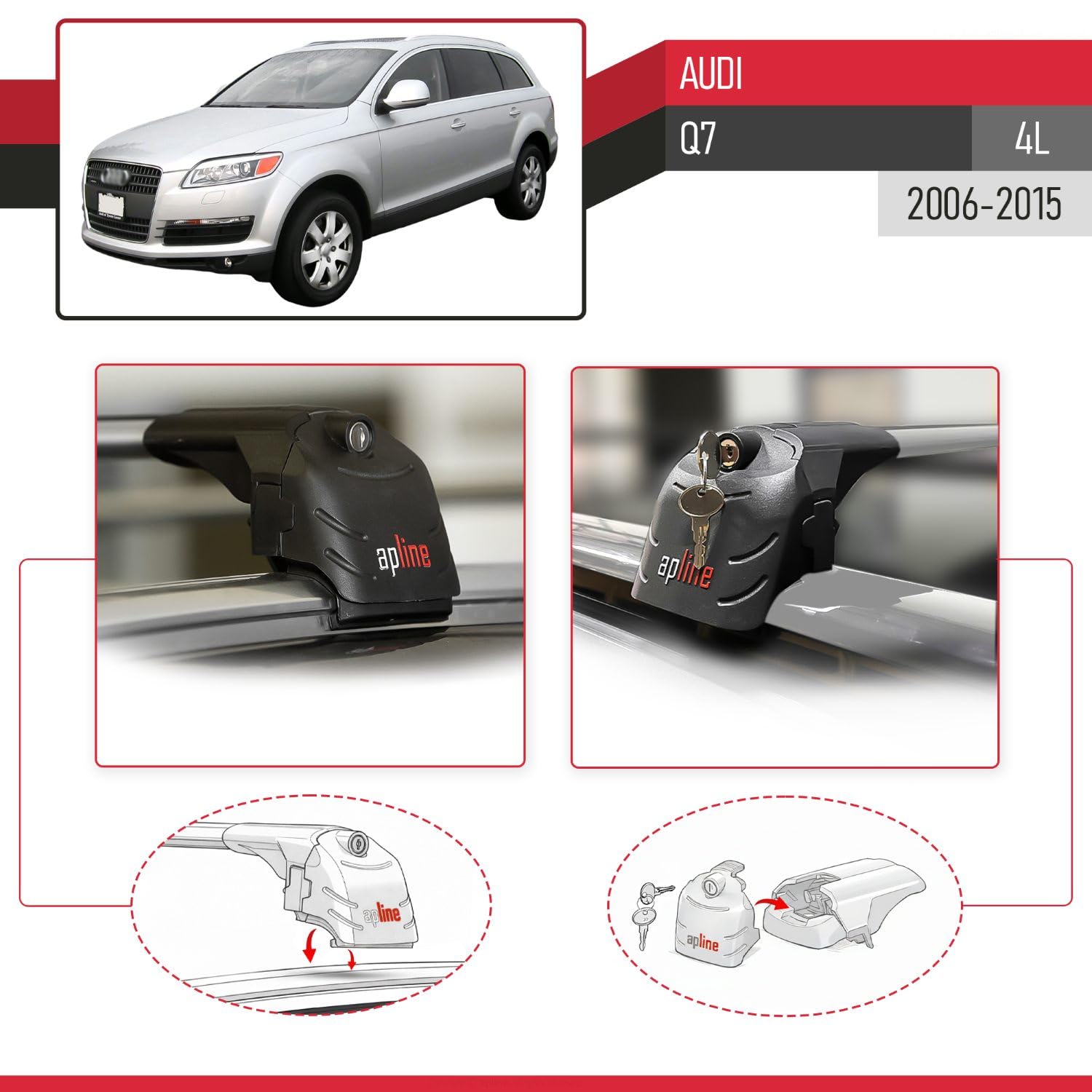 Compatible con Audi Q7 (4L) 2006-2015 Barras de techo ACE-2 Portaequipajes Barras Transversales GRIS