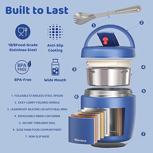 Miniatura 3 de Termo para comida caliente, 32 onzas, tarro de comida aislado al vacío para adultos, de acero inoxidable, termo de boca ancha, a prueba de fugas,