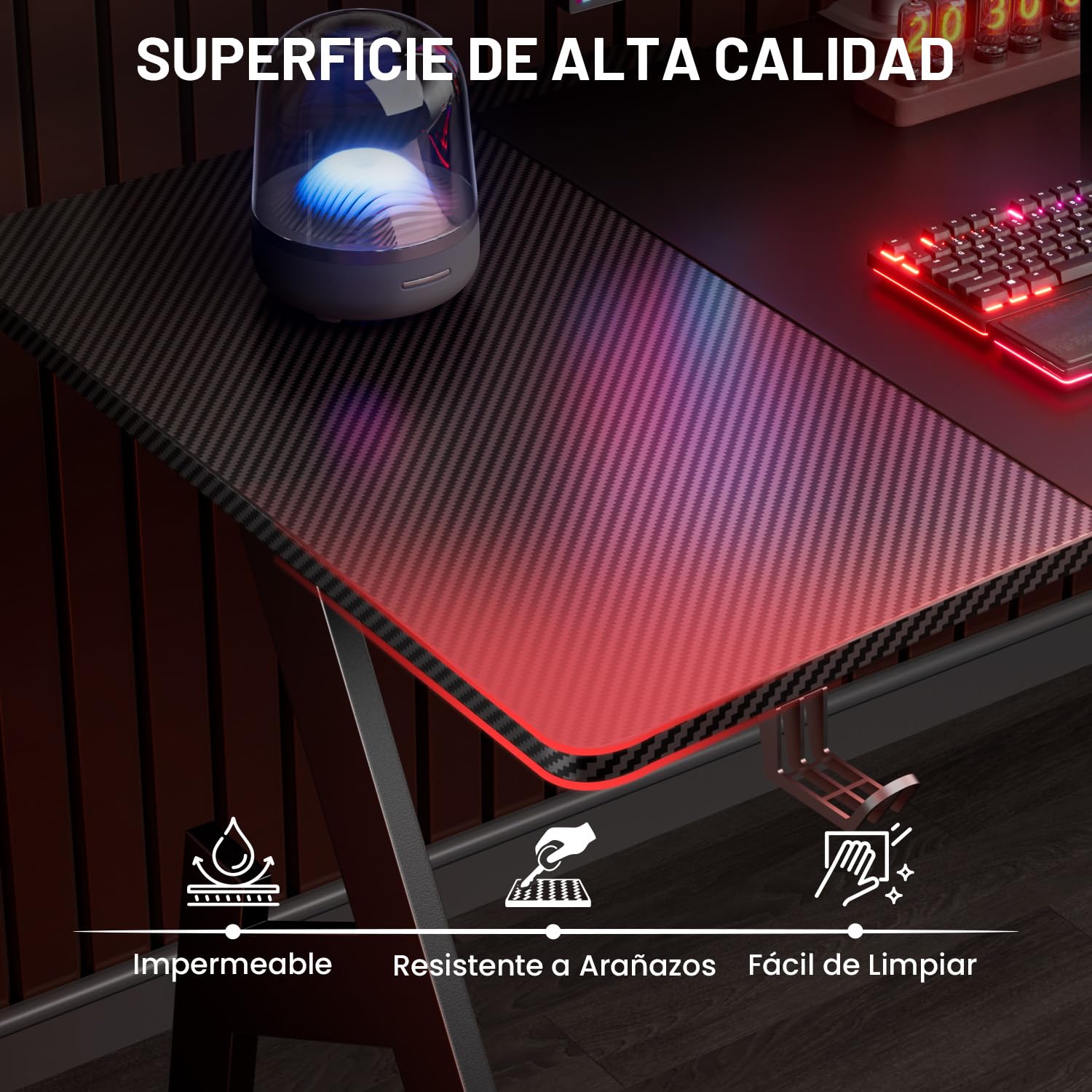 HLFURNIEU Mesa Gaming 120 x 60 cm, Escritorio Gaming Ergonómica, Mesa Gamer de Fibra de Carbono, Mesa para Ordenador con Portavasos y Gancho para Auriculares, Negro