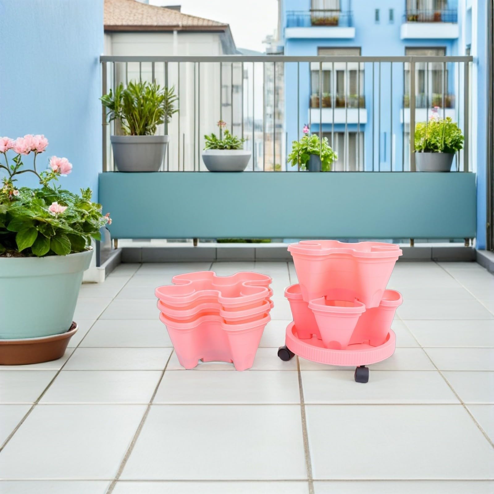 SHINEOFI Vertikaler Stapelbarer Erdbeerturm Pflanzkübel aus Abs mit 3 Schichten für Garten und Balkon Platzsparender Mehrschichtiger Pflanztopf für Erdbeeren und Kräuter