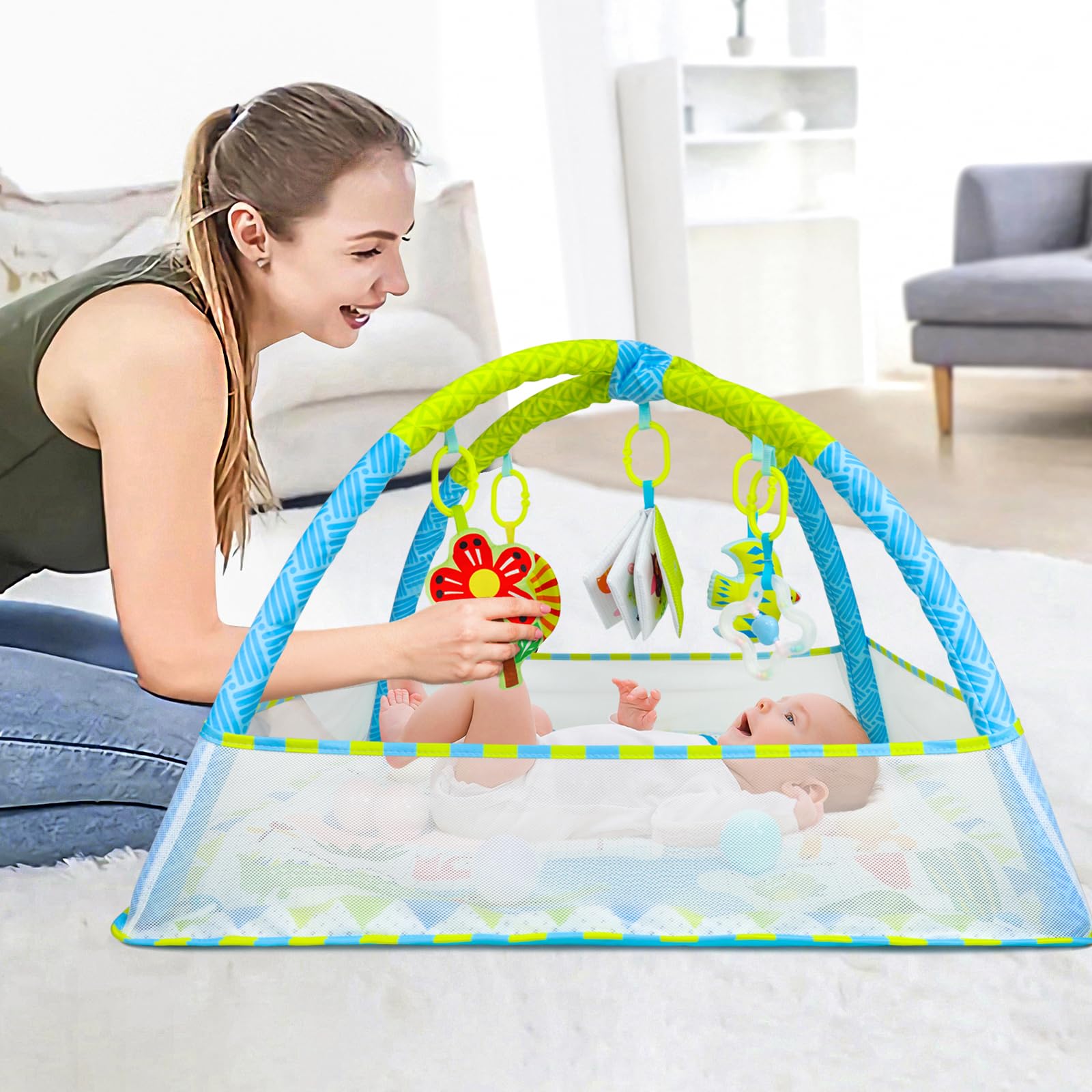 Dr.Rapeti Tapis d'éveil Bébé, Eveille Avec Ballon, Tapis Sensoriel de jeu avec arche, Jouets Amovibles, Miroir, Livre en Tissu, Balles