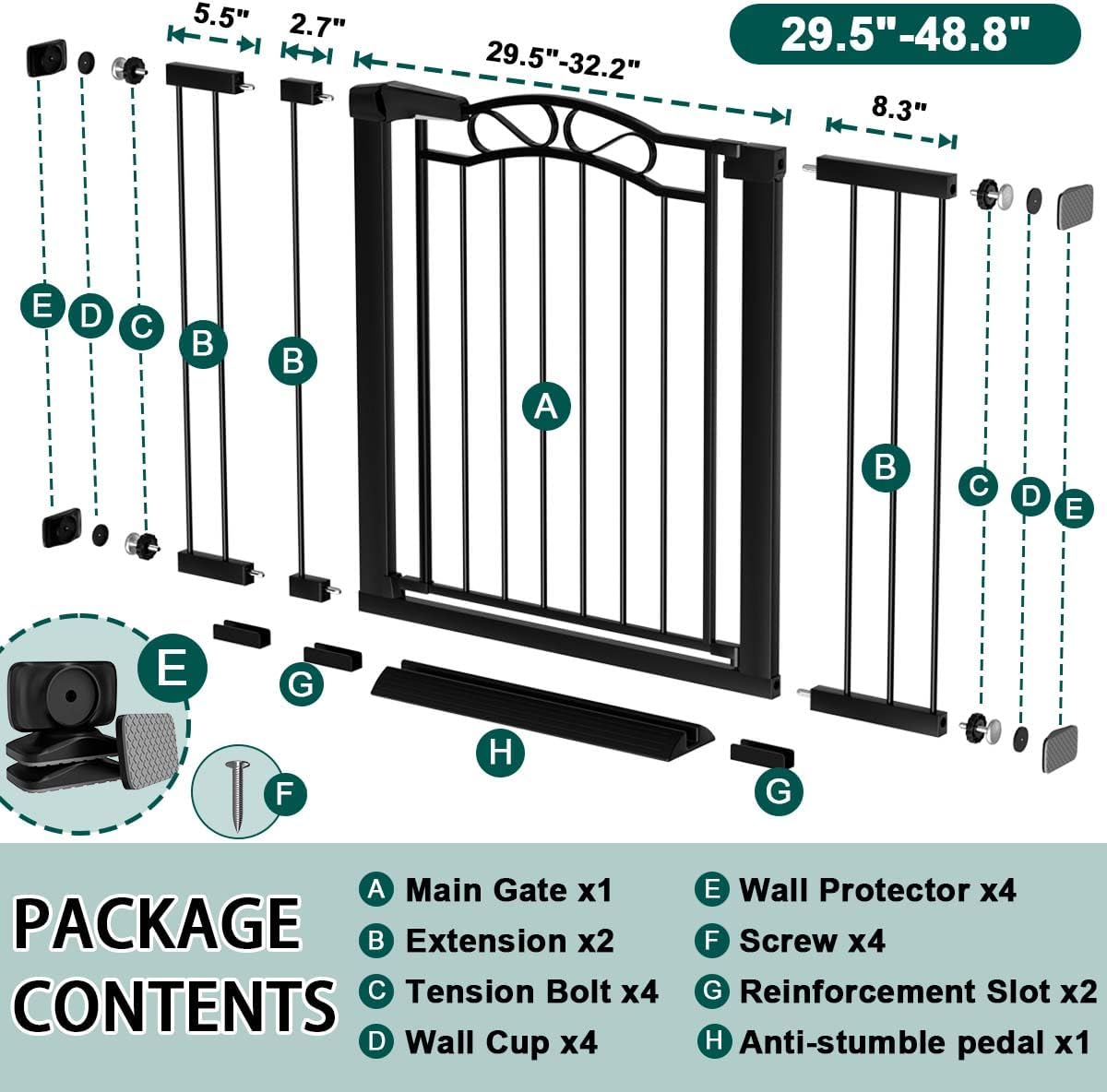 Fairy Baby 29.5"-48.8" Extra Wide Baby Gate for Stairs, Pressure Mounted Easy Walk Thru Pet Gate, Metal Safety Child Gate No Drill, Auto Close Long Dog Gates for the House Doorways, Black