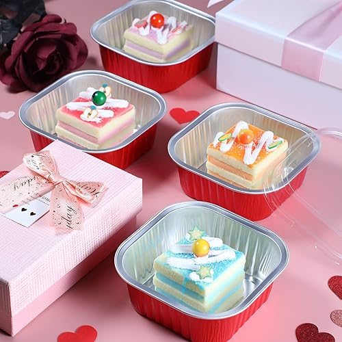 Miniatura 2 de Qunclay 100 tazas de papel de aluminio para hornear, moldes desechables de 10 onzas con tapas, forros cuadrados para cupcakes, recipientes para