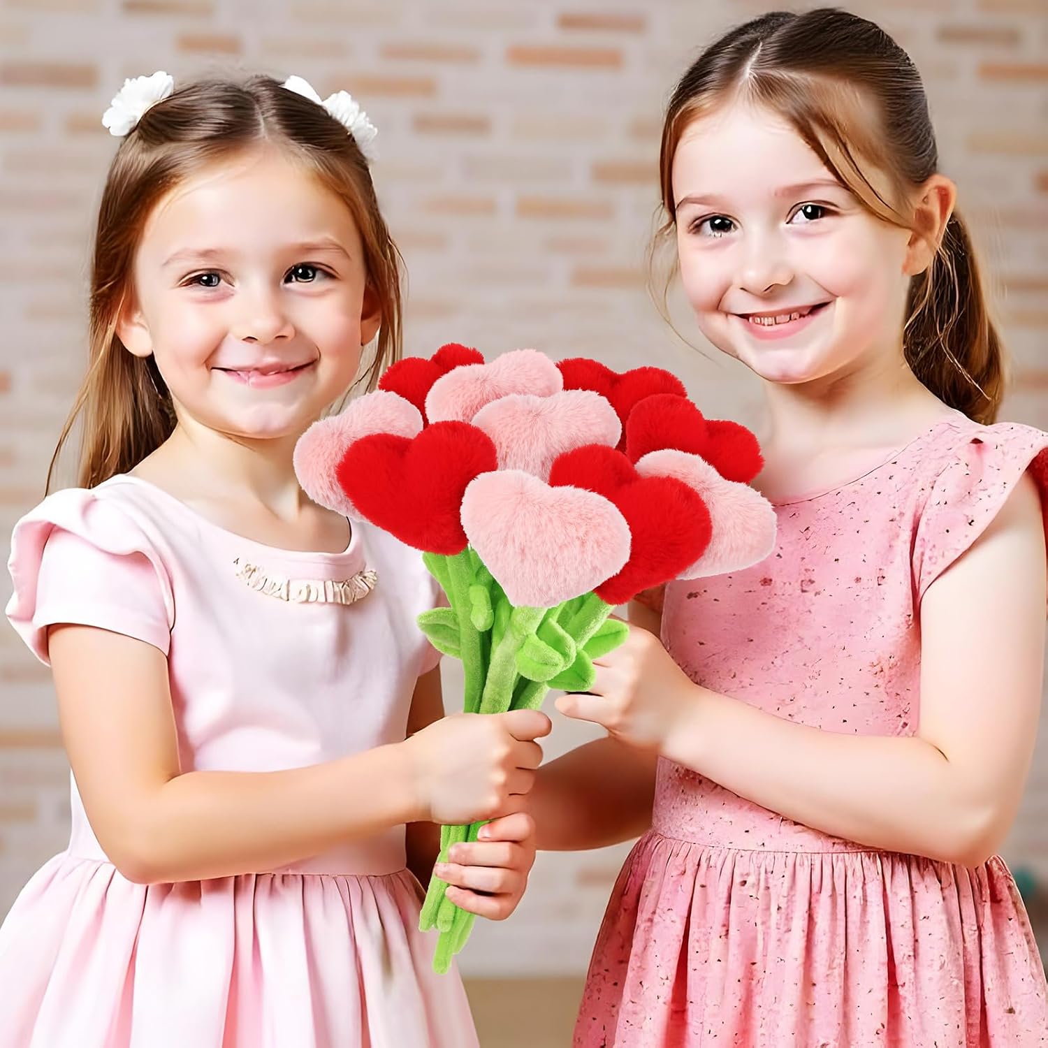 10 Pcs Plush Heart Flower Stuffed Bendable Stems Plush Bouquet Toy Soft Rose Flower 12.6 Inch for Christmas 2026 Mother's Day Girl Girlfriend Wife(Red and Pink Heart)
