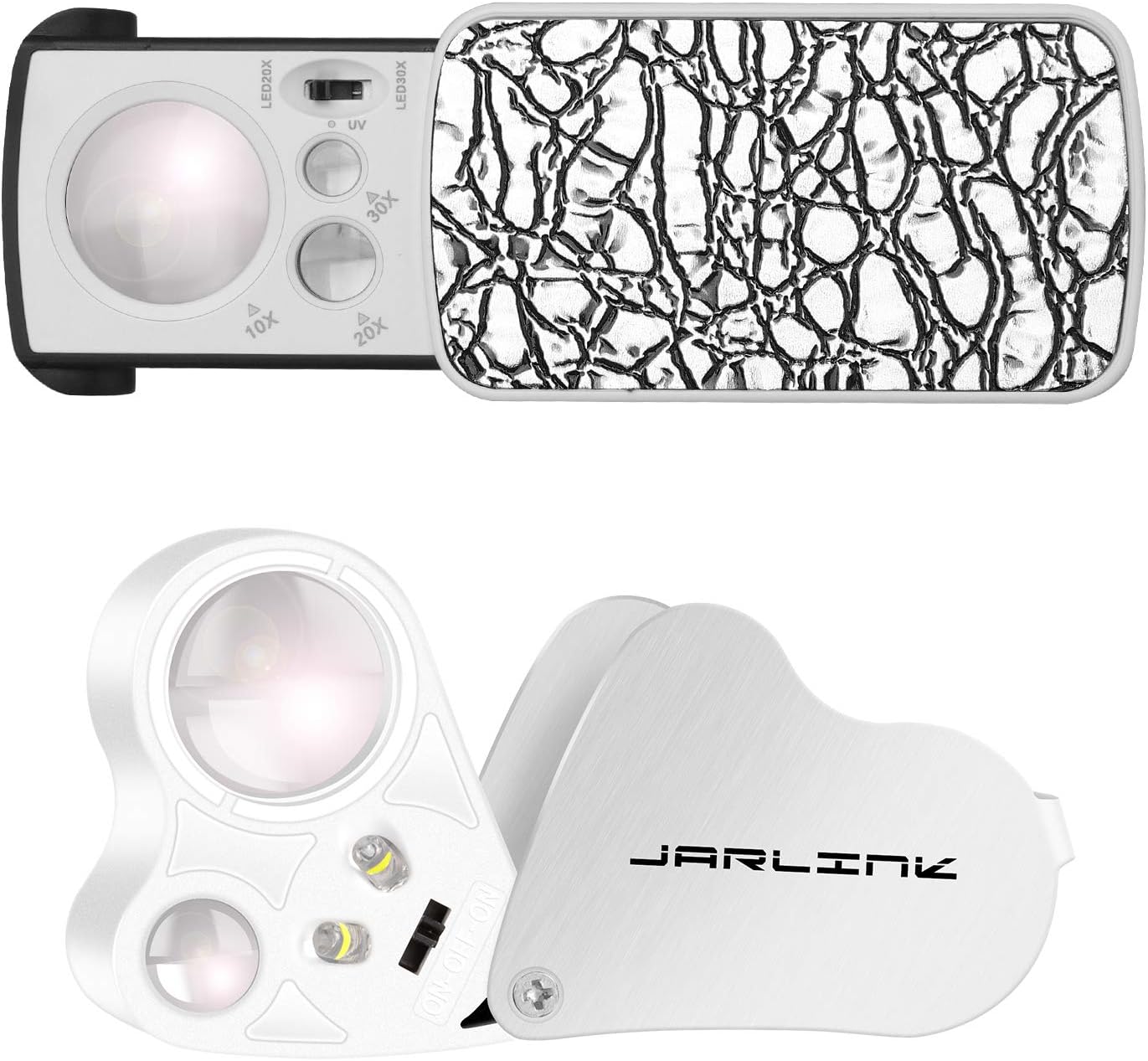 JARLINK 2 Pack Jewelry Loupes, 30X 60X Illuminated Loupe Magnifier and Foldable Jewelry Magnifier with Bright LED Light for Gems, Jewelry, Coins, Stamps, etc (Black) : Arts, Crafts & Sewing