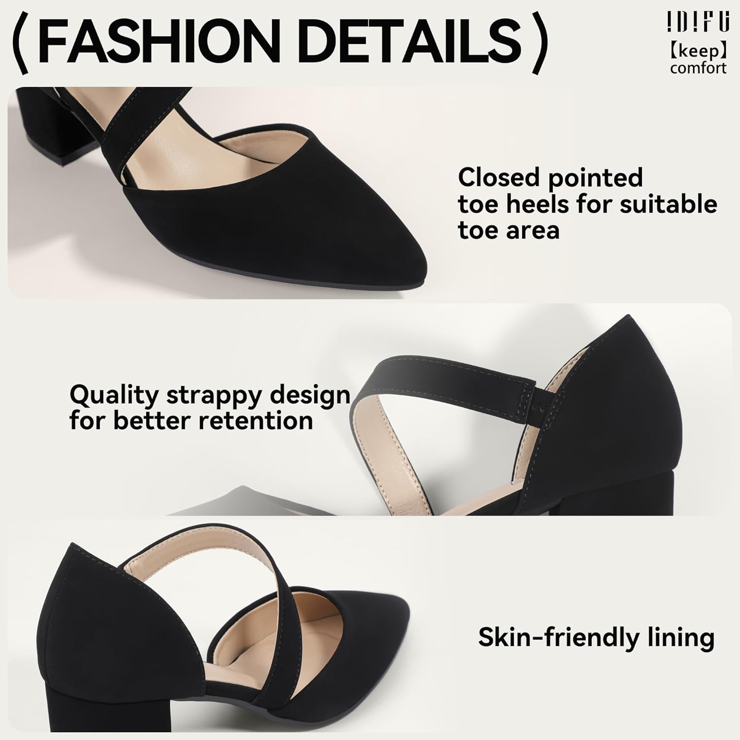 IDIFU IN2 Women's Pumps Closed Toe Strappy Heels Low Block Chunky Heels Dressy Wedding Bride Prom Business Dress Shoes for Women Comfortable Formal Pointed Toe Short Heels - Image 5