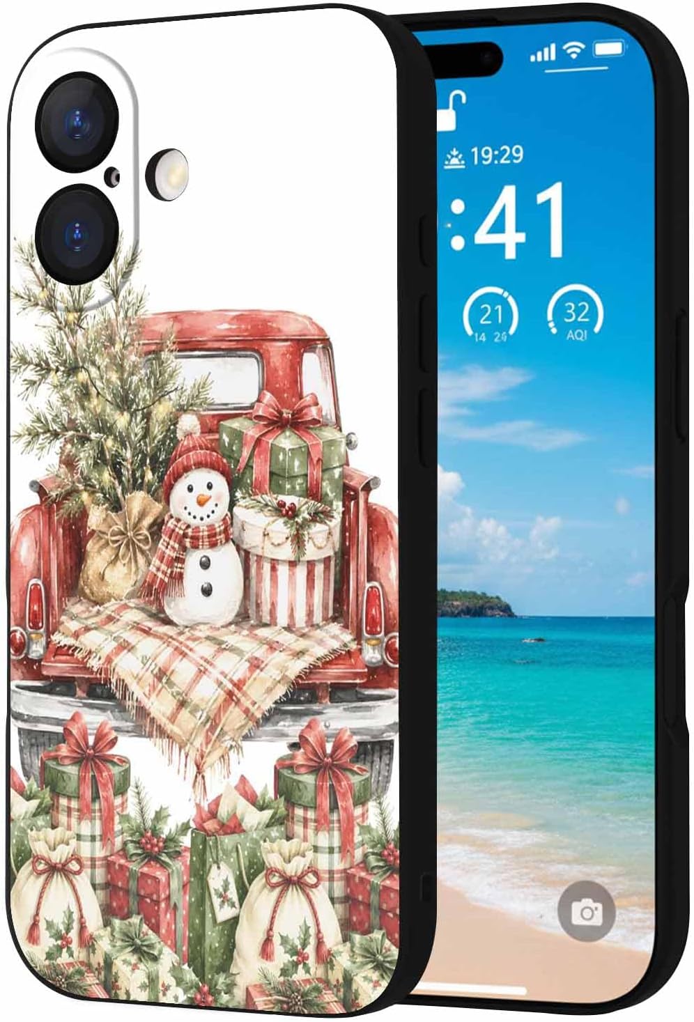 Compatible with iPhone 13 Mini Case 5.4 inch, Christmas Snowman Phone Case Red Pickup Truck Pine Tree Gift Box Country Ultra Slim Thin Silicone Cover Anti-Scratch Shockproof Protective Rubber Cover