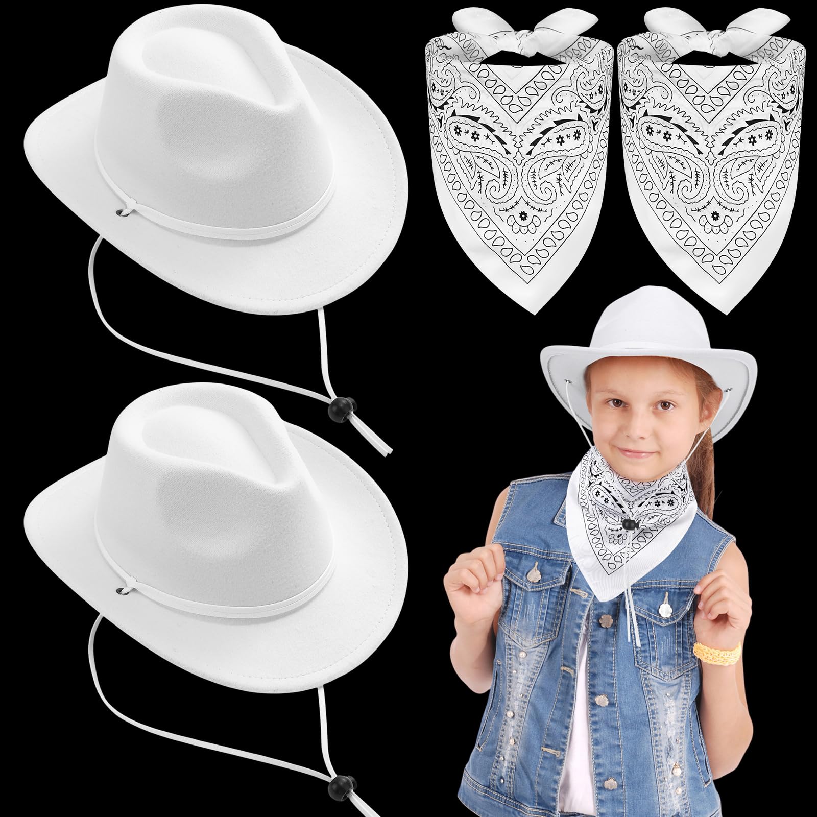 Xtinmee 2 Sets White Kids Cowboy Hats with Paisley Bandanas