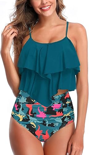 Miniatura 17 de Trajes de baño tipo tankini para mujer, parte superior con volantes y control de abdomen, diseño floral modesto, bikini de talle alto Rosa encendido