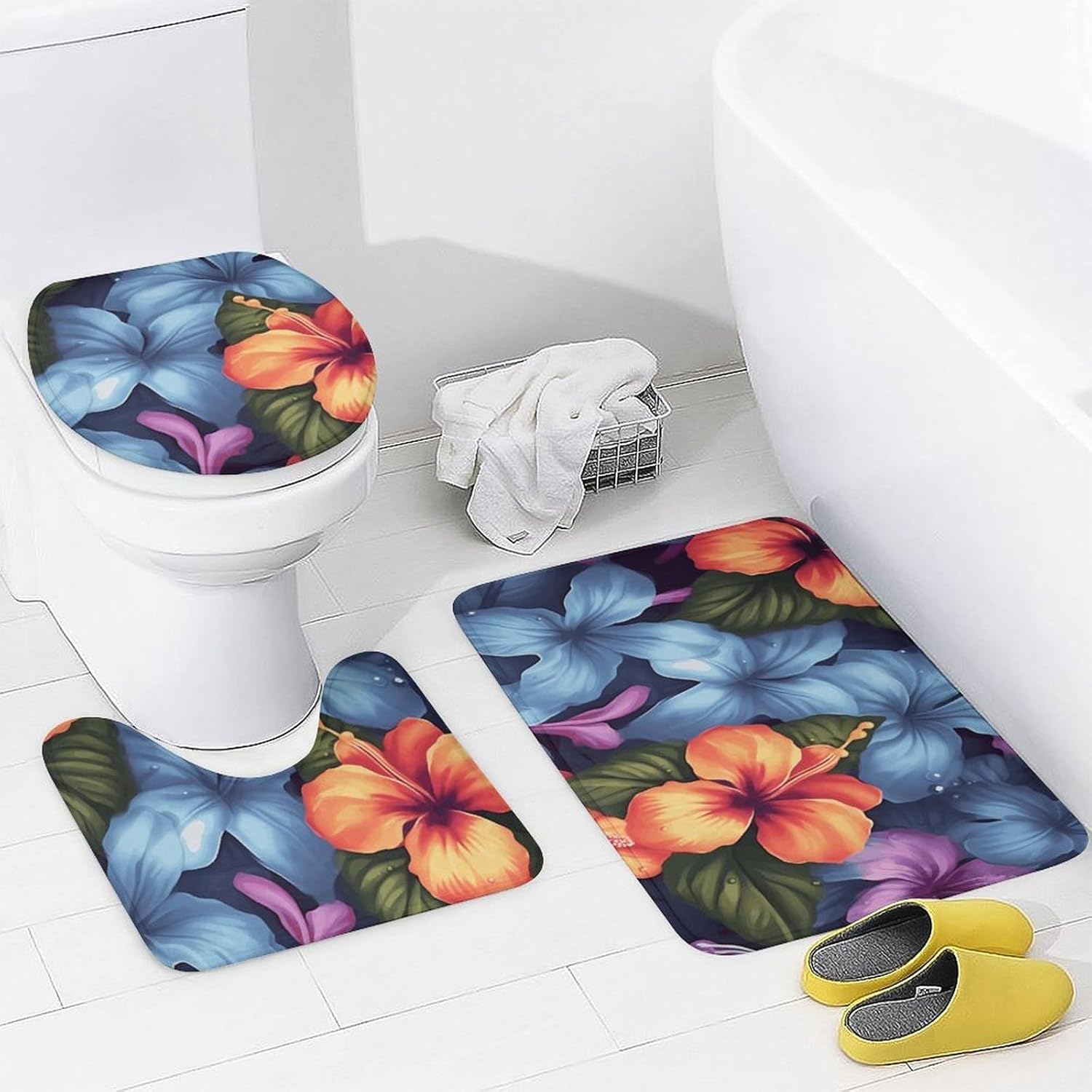 Tropical Floral Shower Curtain Set 4 Piece, Non-Slip Bath Mat with Toilet Lid Cover and Waterproof Shower Curtain with 12 Hooks, Complete Bathroom Set for Home Decor