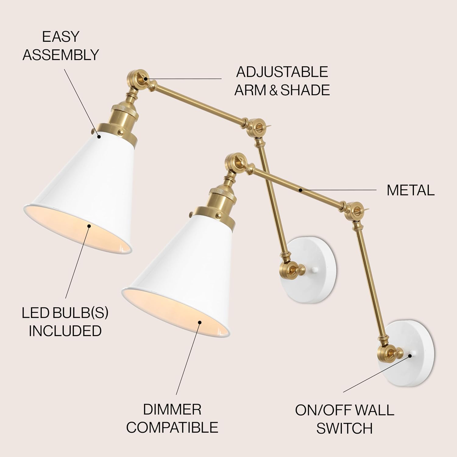 JONATHAN Y 7" White/Brass Gold Classic Industrial Metal Adjustable Arm LED Wall Sconce for Bedside Reading, Farmhouse Swing Arm Wall Lamp with Metal Shade, Hardwired (JYL7462B-SET2)
