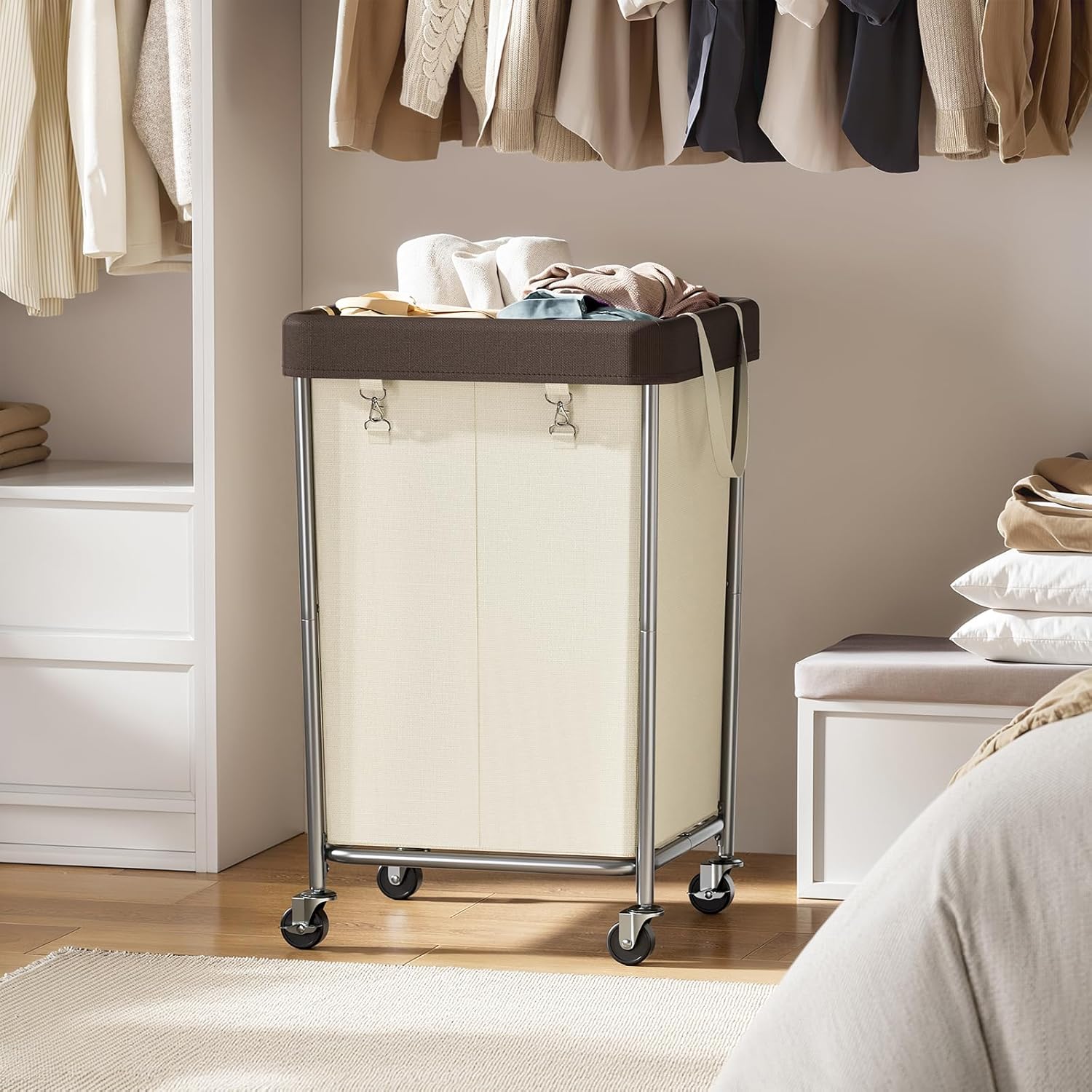 Chrislley 160L Laundry Hamper with Wheels, 2 Section Large Laundry Basket with Removable Bag, Steel Frame Dirty Clothes Hamper, Rolling Laundry Cart for Bedroom, Bathroom, Dorm, Hotel, Beige