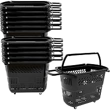 12PCS Plastic Shopping Basket with Handles & Wheels, 35L Rolling Shopping Carts, Grocery Basket with 4 Wheels and Handle, Portable Shopping Basket for Retail Stores, Supermarkets 12PCS - Black