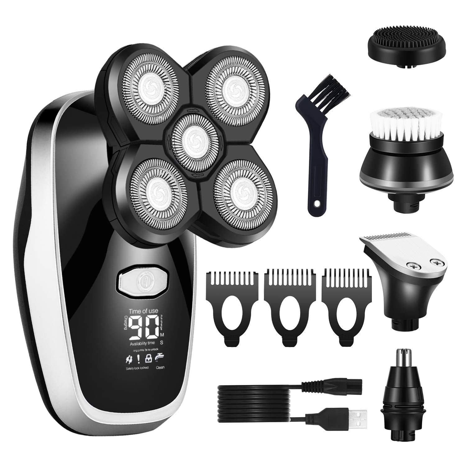 Electric Shavers for Bald Men, 5 in1 Wet Dry Facial Boby Grooming Shaver Rechargeable Electric Shaver Bald Head Electric Razor Beard Hair Shaving Machine