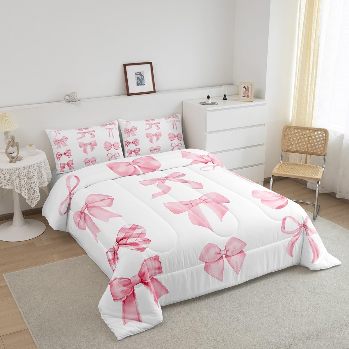 Erosebridal Dreamy Coquette Bow Comforter Set Twin Size,Fantasy Coquette Bowknot Bedding for Kids Girls Teens,Trendy Pink Bow Bed Sets for Preppy Princess Fashion Modern Aesthetic Girly Cute Quilt