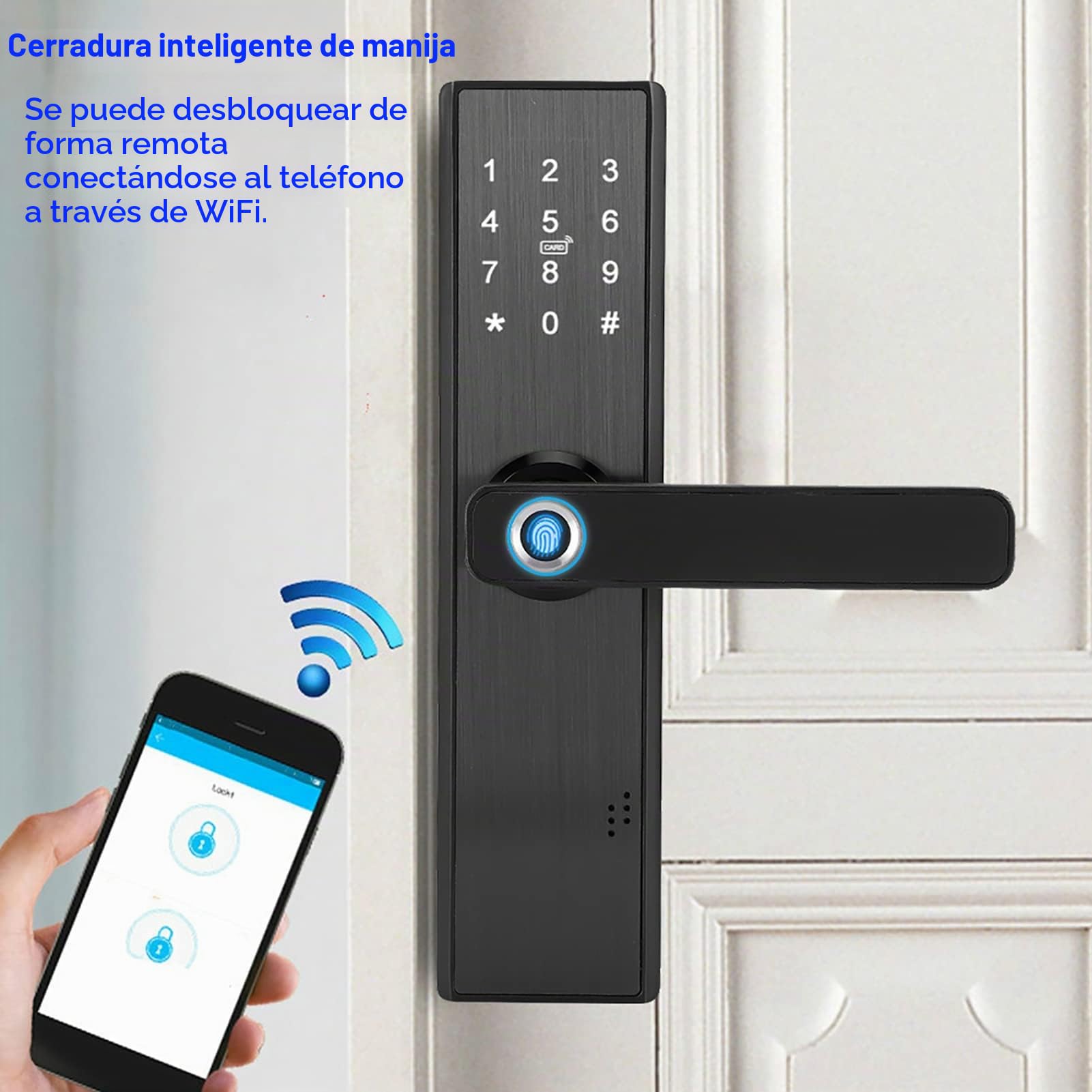 Cerradura de Puerta Inteligente, WiFi Pantalla Táctil Contraseña de Huella Digital Tarjeta IC Serrure de porte intelligente con Llave Mecánica Digital Aplicación Tuya Manija Reversible