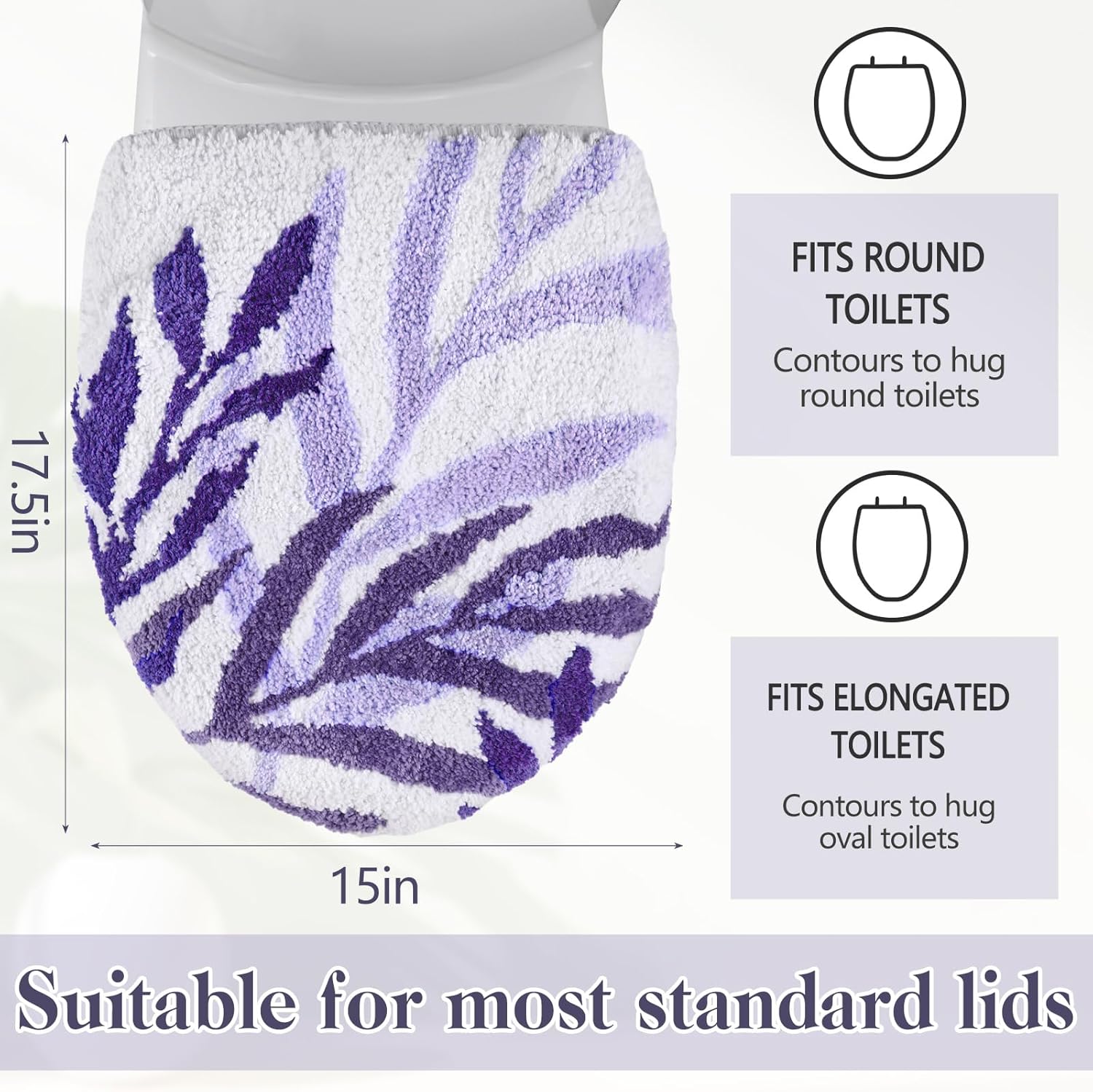 Mindsoft Purple Leaves Toilet Seat Covers Bathroom Toilet Lid Cover Soft Microfiber 17.5'' x 15'' Plush Tufted, Machine Washable, Adjustable Rubber Backing Fits Most Round Elongated Oblong Lids
