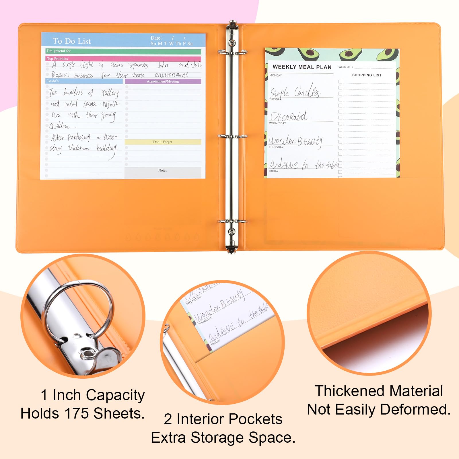 Lot de 6 classeurs à 3 anneaux de 2,5 cm avec 2 poches intérieures et superposition transparente, grande capacité, classeurs à anneaux ronds pour fournitures de bureau, école et la maison (6 couleurs)