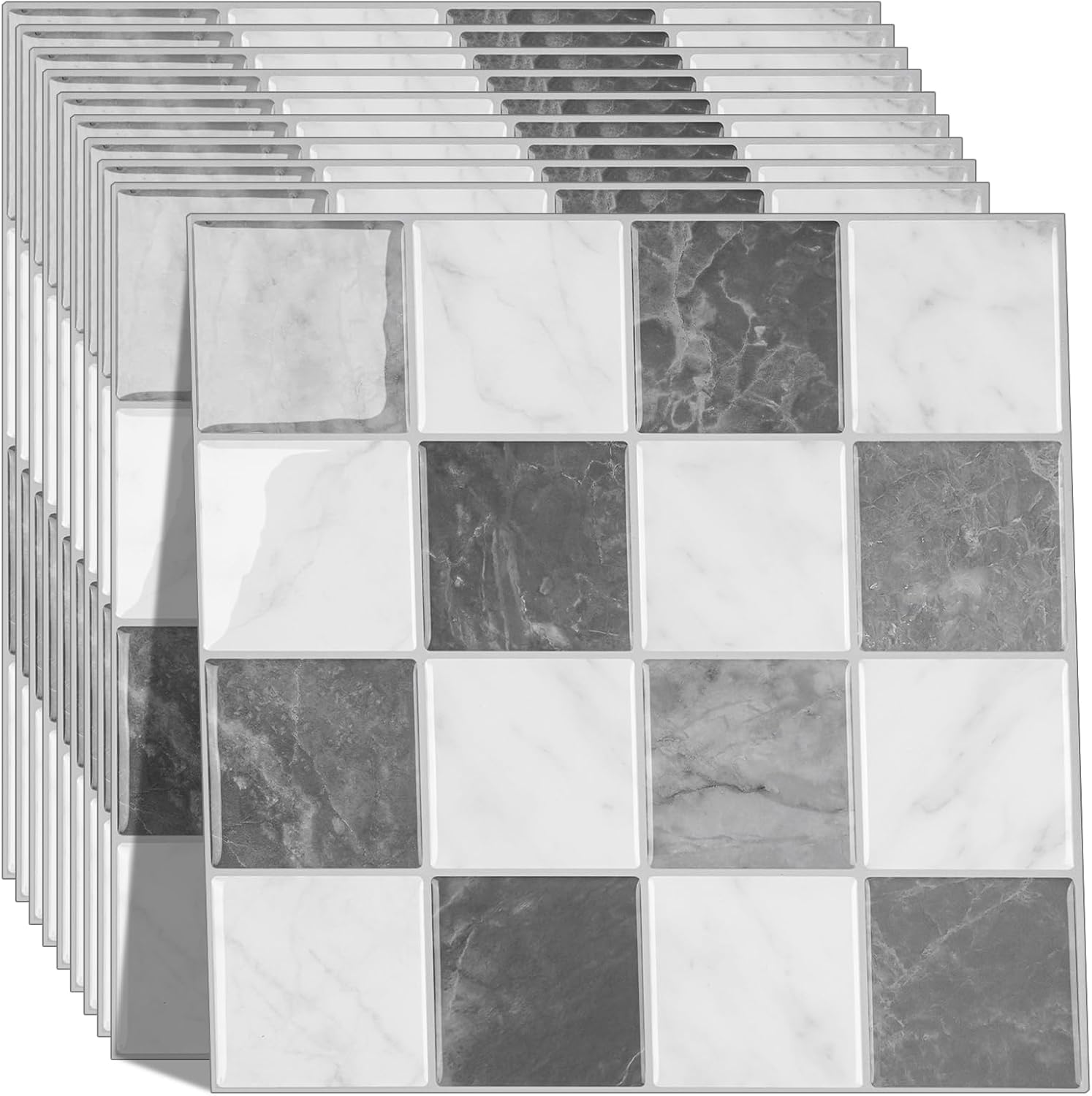 Peel and Stick Backsplash, New Upgrade Design 9" x9"Square Marble Tiles,3D Adhesive Premium Mosaic Tiles, Peel and Stick Tiles for Kitchen,Bathroom, Wall Tile（10-Sheet）.