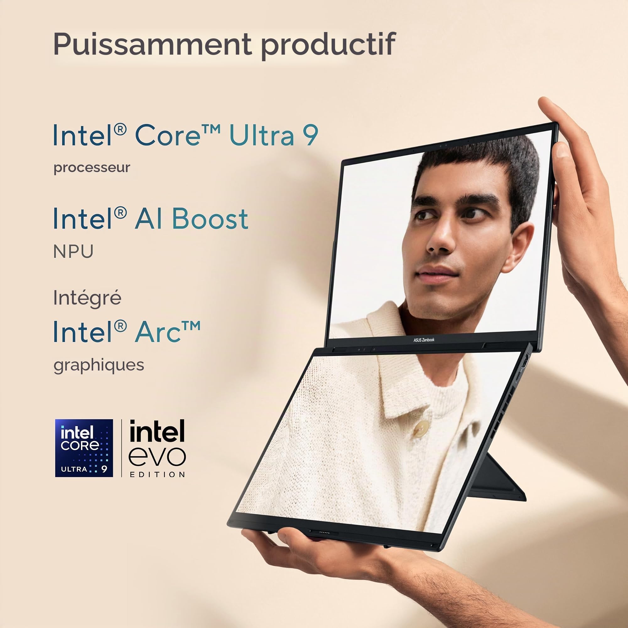 ASUS Ordinateur portable Zenbook Duo, double écran tactile OLED 3K 120 Hz, certifié Intel Evo, Core Ultra 9 285H, Intel Arc, 32 Go de RAM, 1 To SSD, Windows 11, gris encrier
