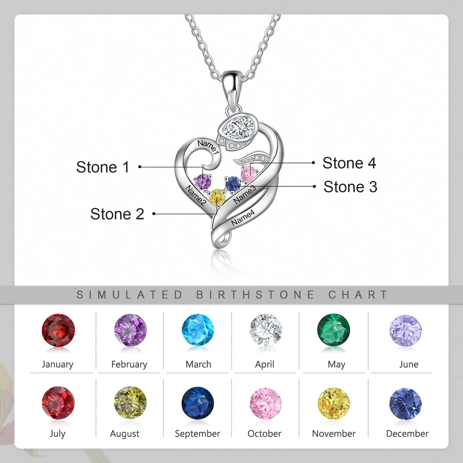 Collana Rosa Personalizzata Cuore 925 Argento Rosa Fiore Ciondolo con Incisione 2-4 Nome Birthstone BFF Collana Figlia Signore Regalo per la Festa della Mamma San Valentino