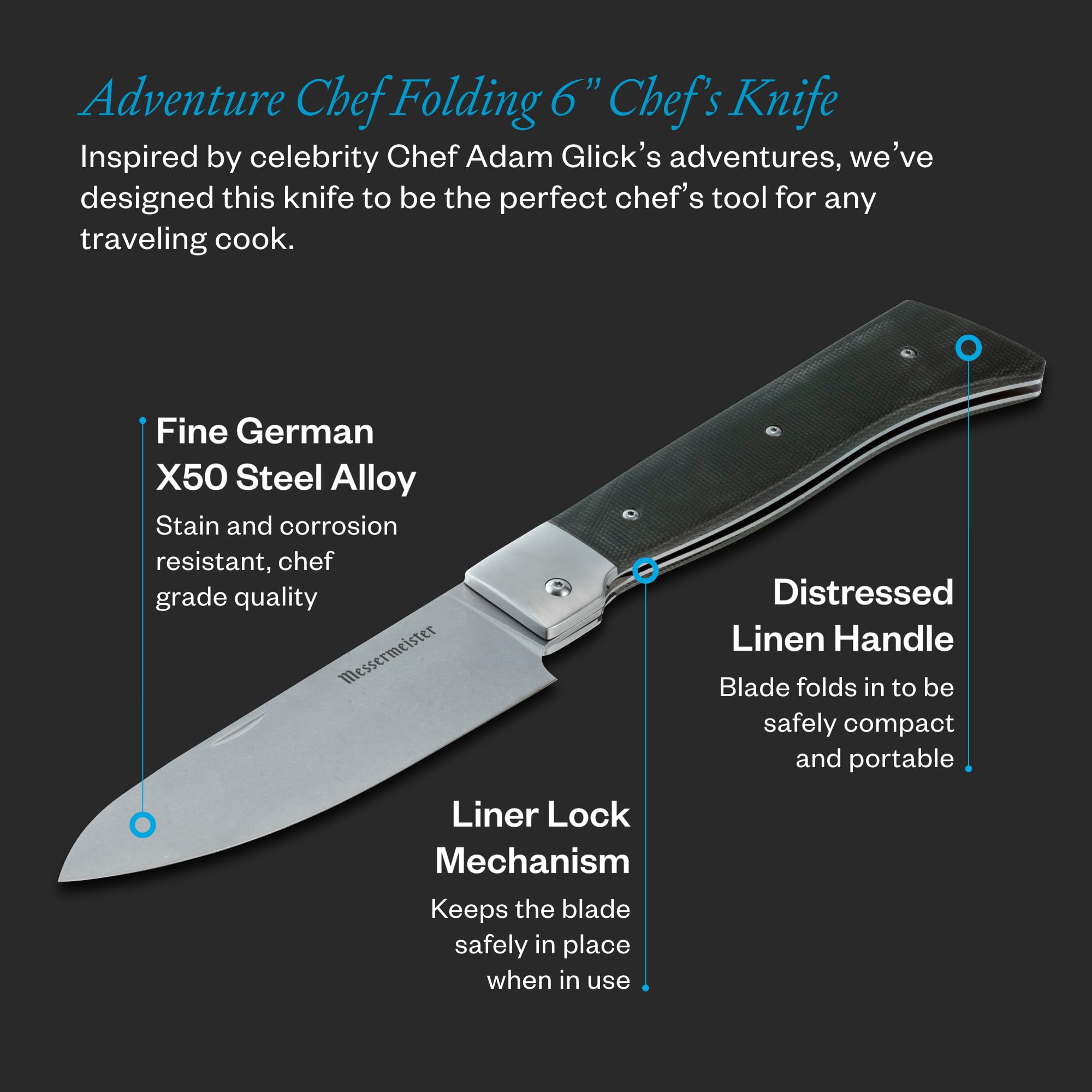 Messermeister Adventure Chef Folding 6” Chef’s Knife - German Steel & Distressed Linen Handle - Rust Resistant & Easy to Maintain — Amazon image 2