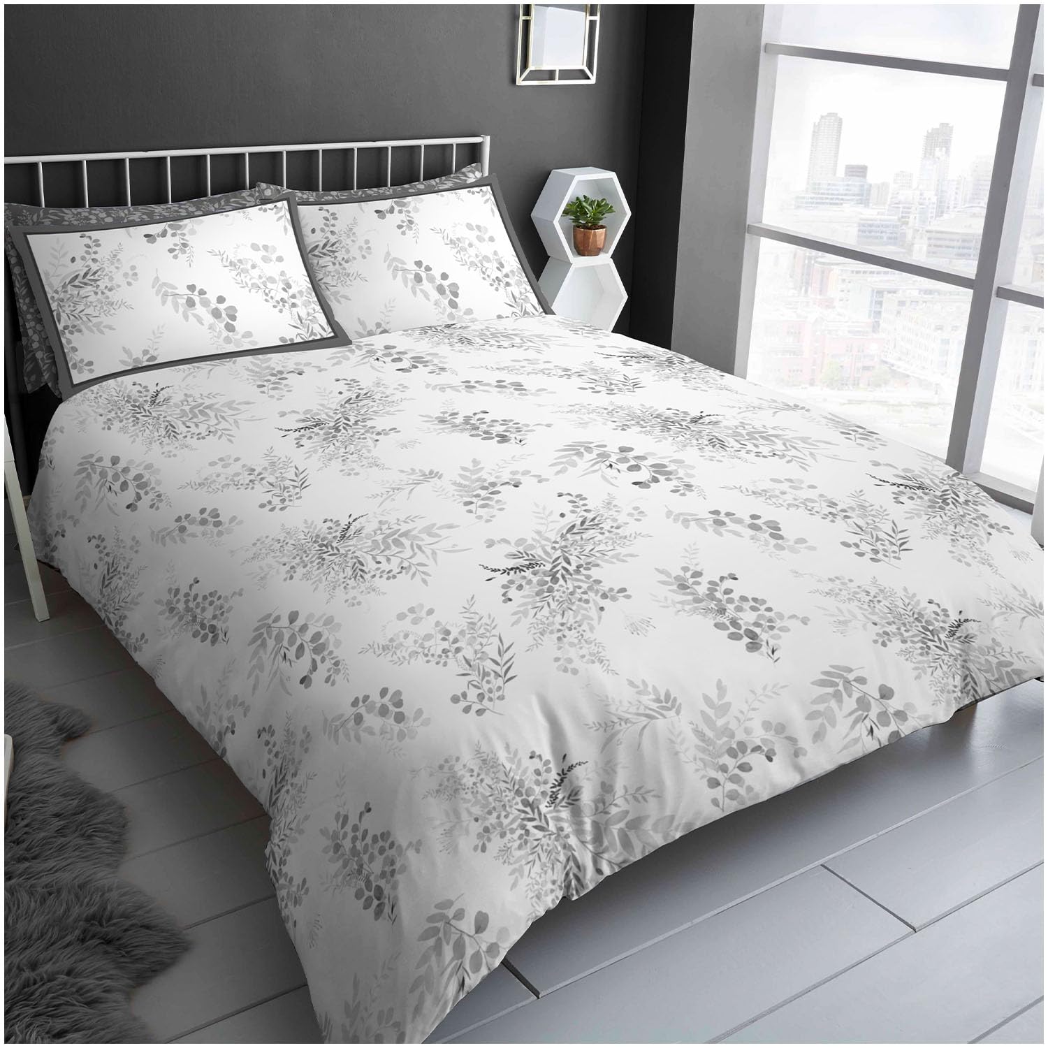 Gc Gaveno Cavailia Perla - Grey Reversible Duvet Cover Double Bed - Leafs 3 Piece Double Quilt Cover (200 X 200 M) With Pillowcases - Washable Bedding Comforter Set - Grey