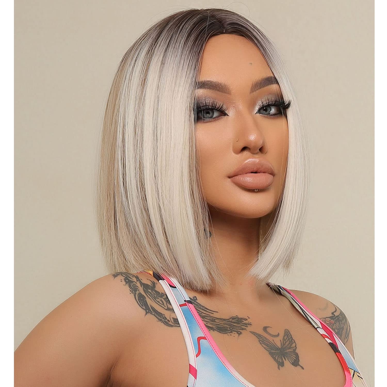 BERON 12 Inches Blonde Wig Short Straight Wig Ombre Blonde